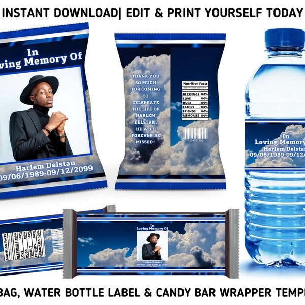 Blue Clouds Funeral Chip Bag, Water Bottle Labels & Candy Bar Wrapper Templates, Printable Funeral Favors