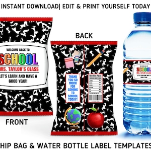 Lot de modèles pour la rentrée, 2 étiquettes pour sacs à jetons et bouteilles d'eau pour la rentrée, articles de cadeau pour la rentrée à imprimer
