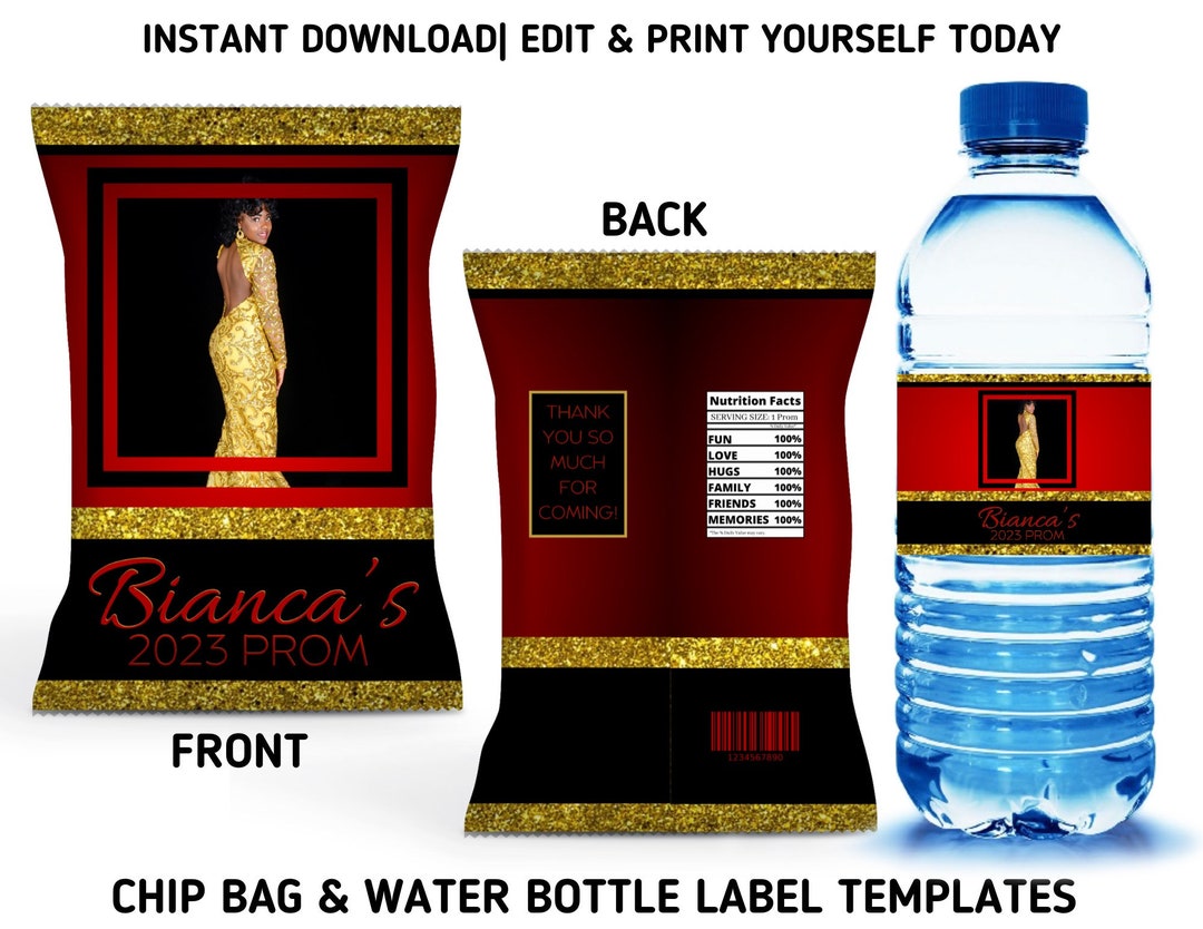 Red and Gold Prom Party Template Bundle, 2023 Prom Chip Bag & Water