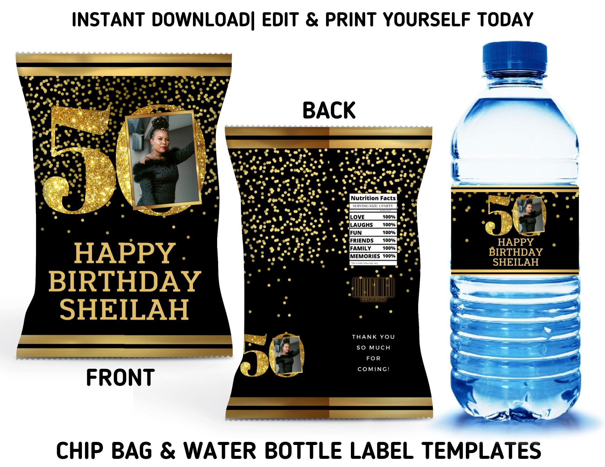 Black and Gold 50th Birthday Party Template Bundle, 50th Birthday Chip