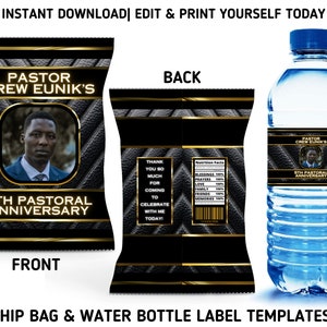 Plantillas de etiquetas para botellas de agua y bolsa con chip de aniversario pastoral dorado, recuerdos de fiesta de aniversario pastoral imprimibles