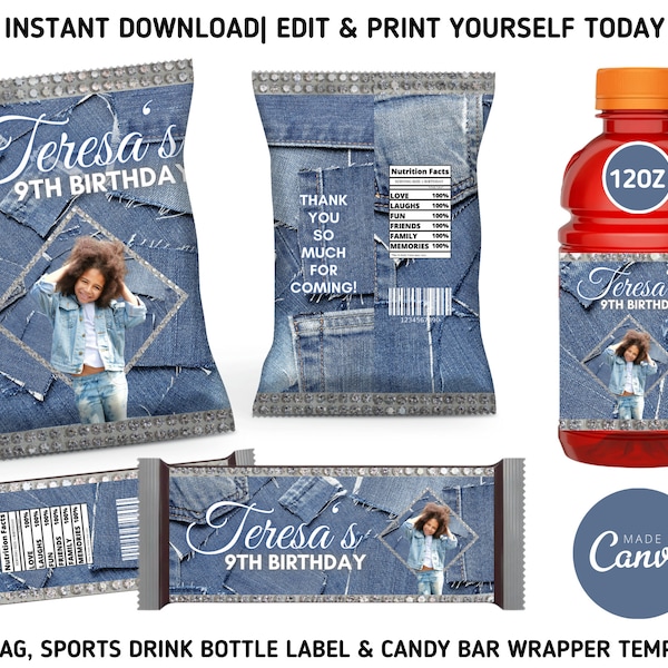 Diamond And Denim Birthday Chip Bag Bundle, Denim Birthday Chip, Sports Drink Bottle Labels & Candy Bar Wrapper Templates