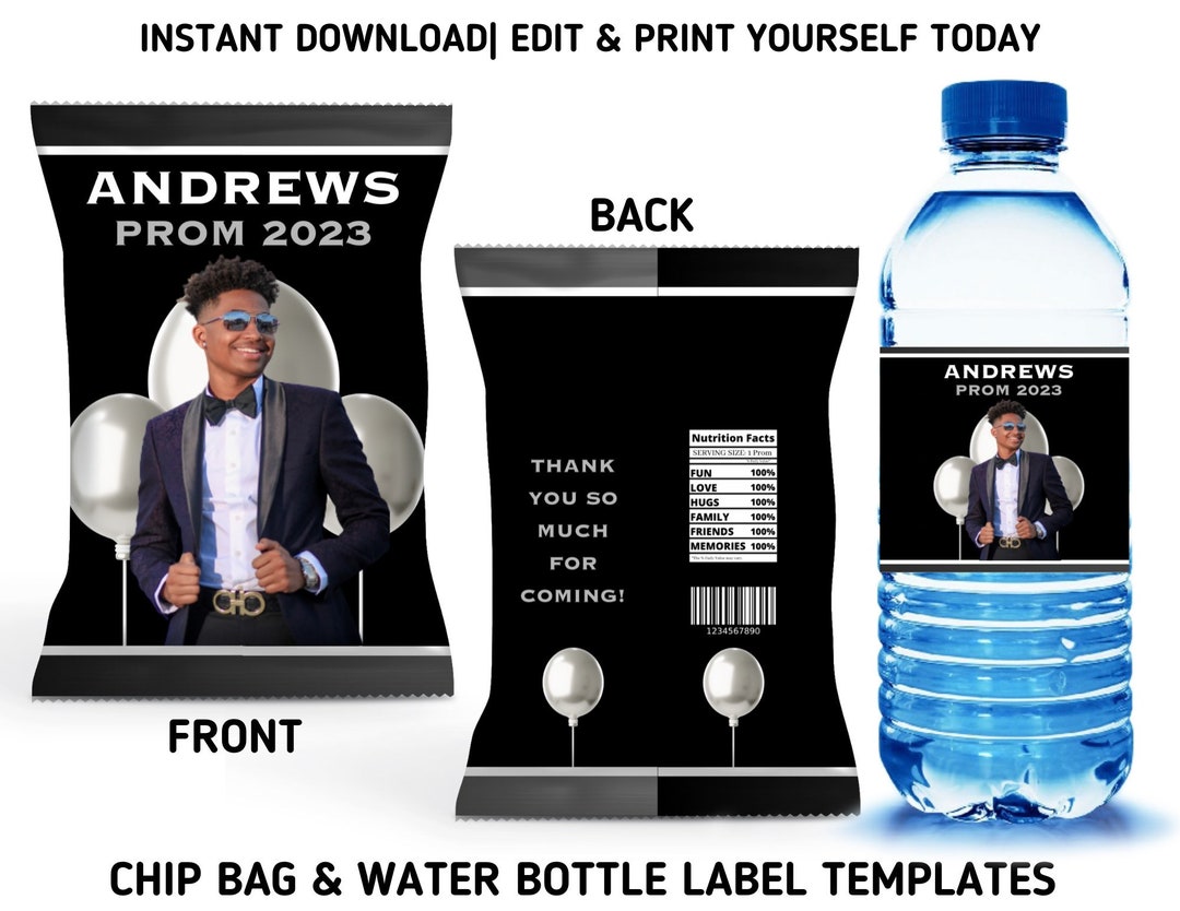 Black and Silver Prom Party Template Bundle, 2023 Prom Chip Bag & Water