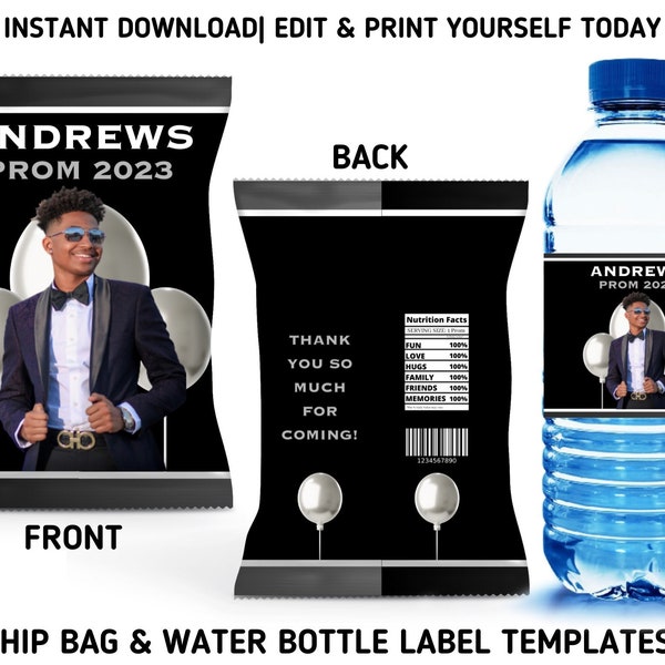 Black And Silver Prom Party Template Bundle, 2023 Prom Chip Bag & Water Bottle Labels, Printable Silver Prom Party Favors