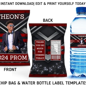 Black And Red Prom Party Template Bundle, 2024 Prom Chip Bag & Water Bottle Labels, Printable Silver Prom Party Favors