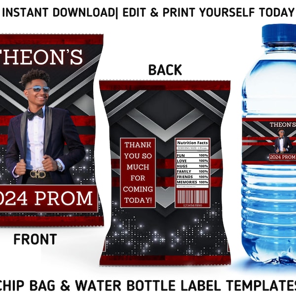 Black And Red Prom Party Template Bundle, 2024 Prom Chip Bag & Water Bottle Labels, Printable Silver Prom Party Favors