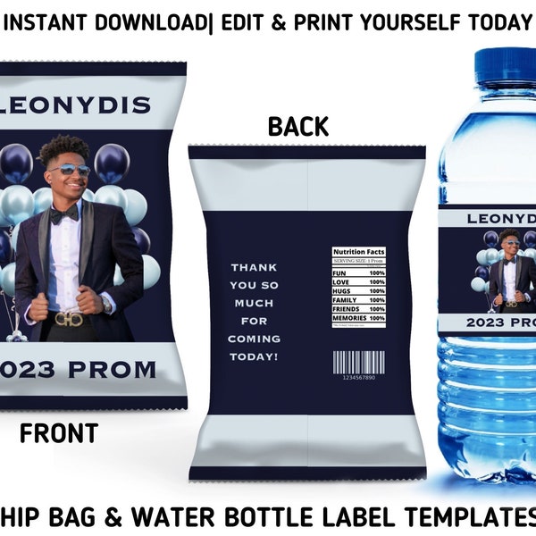 Shades Of Blue Prom Party Template Bundle, 2023 Prom Chip Bag & Water Bottle Labels, Printable Blue Balloons Prom Party Favors