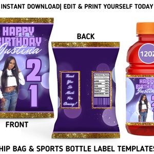 Purple/Gold Glitter Birthday Chip Bag & Sports Bottle Label Templates, Printable Purple Sparkle Birthday Party Favors