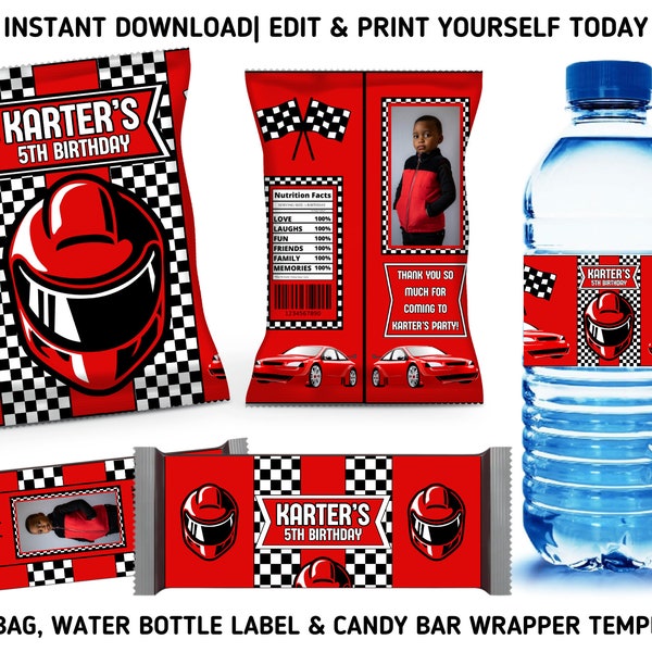 Race Car Theme Birthday Chip Bag, Water Bottle Labels & Candy Bar Wrapper Templates, Printable Red Racing Party Favors