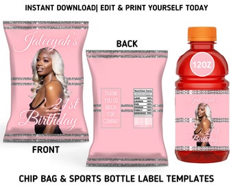 Pink/Silver Glam Birthday Chip Bag & Sports Bottle Label Templates, Printable Pink Glittery Birthday Party Favors
