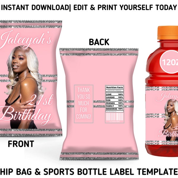 Pink/Silver Glam Birthday Chip Bag & Sports Bottle Label Templates, Printable Pink Glittery Birthday Party Favors