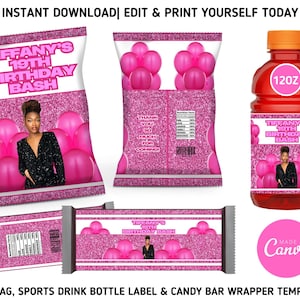 Pink Sparkle Birthday Chip Bag Bundle, Pink Sparkle Birthday Chip, Sports Drink Bottle Labels & Candy Bar Wrapper Templates