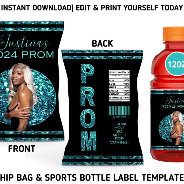 Blue Sparkle Prom Chip Bag & Sports Drink Label Template Bundle, Printable Teal 2024 Prom Party Favors