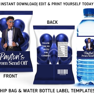 Blue Balloons Prom Party Template Bundle, 2024 Prom Chip Bag & Water Bottle Labels, Printable Blue Balloons Prom Party Favors