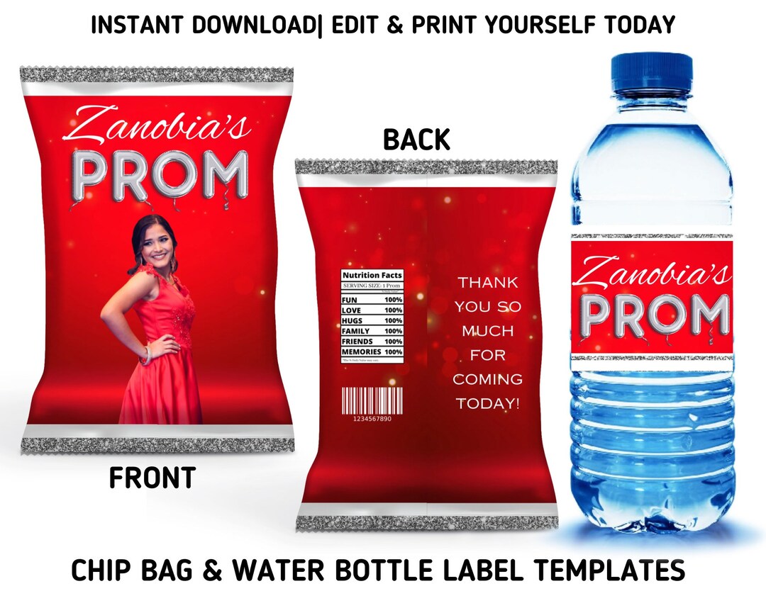 Red and Silver Prom Party Template Bundle, 2024 Prom Chip Bag & Water