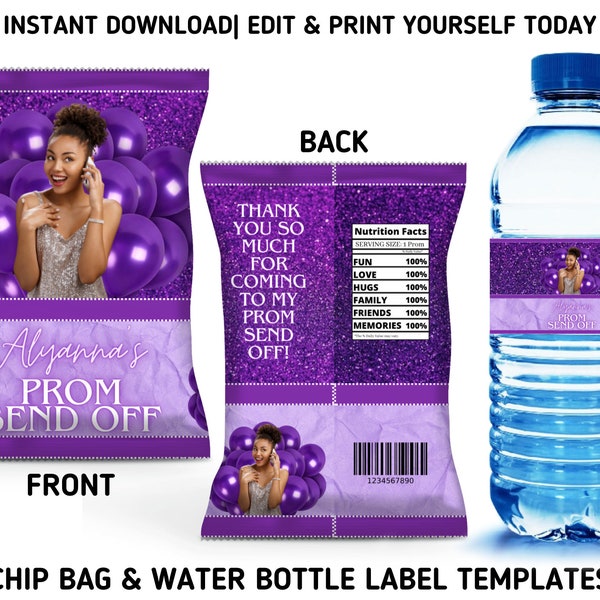 Purple Balloons Prom Party Template Bundle, 2024 Prom Chip Bag & Water Bottle Labels, Printable Purple Balloons Prom Party Favors