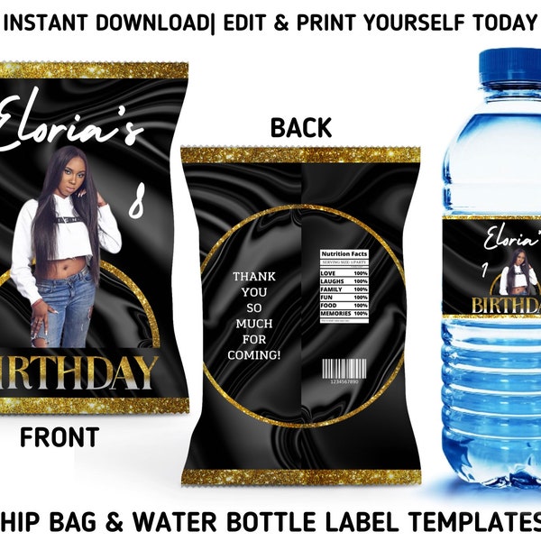Gold And Black Birthday Chip Bag & Water Bottle Labels, Printable DIY Sparkle Party Favors, Gold Glitter Chip Pack