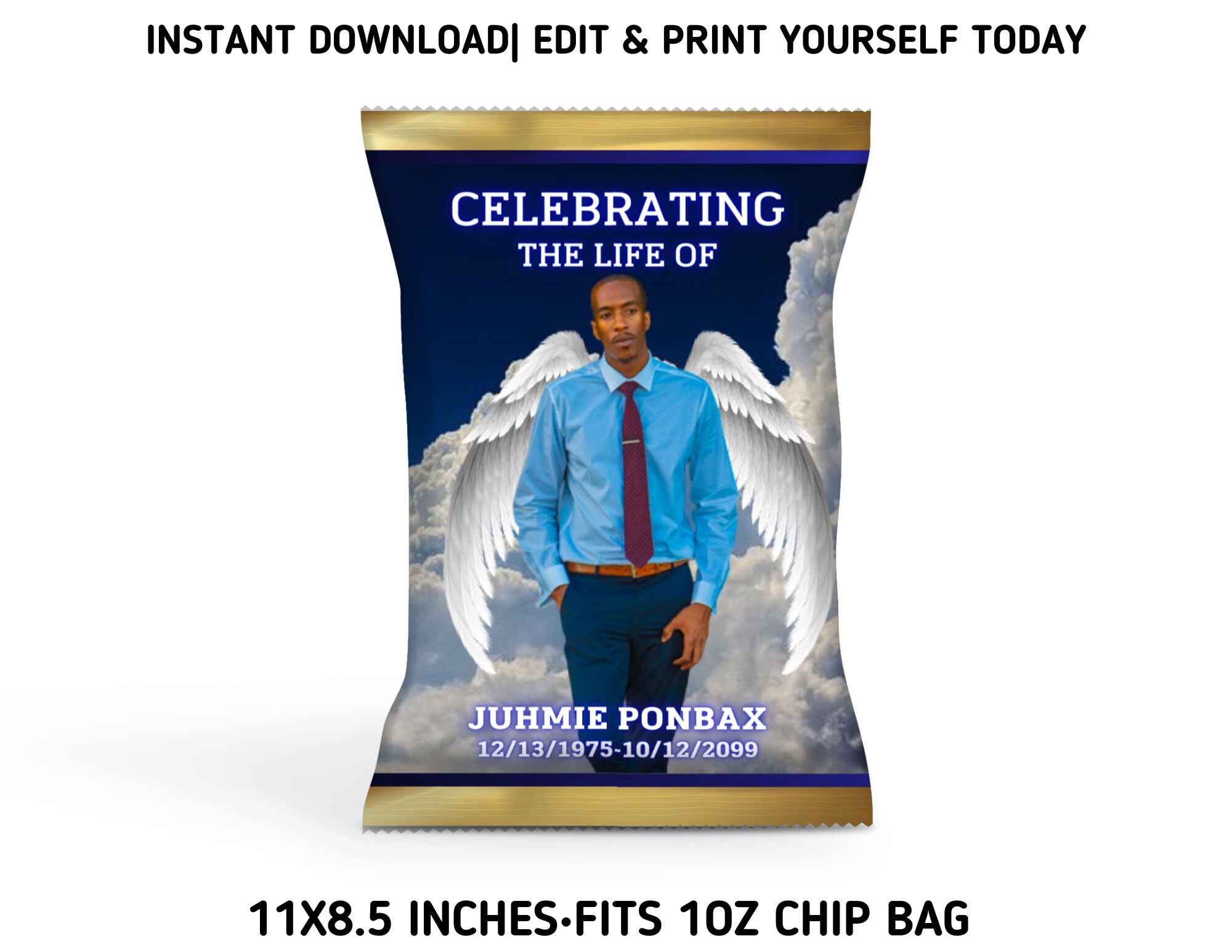 Gold and Blue Funeral Chip Bag & Water Bottle Label Template Bundle