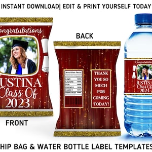 Dark Red And Gold Grad Party Template Bundle, Class of 2023 Chip Bag & Water Bottle Labels, Red Graduation Party Favors