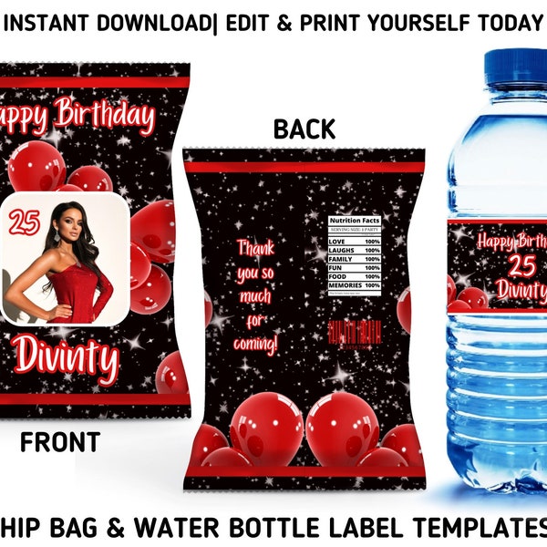 Red Balloons Birthday Party Template Bundle, Red Chip Bag & Water Bottle Labels, Printable Woman’s Party Favors