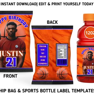 Blue/Orange Basketball Birthday Chip Bag & Sports Bottle Label Templates, Printable Basketball Theme Birthday Party Favors