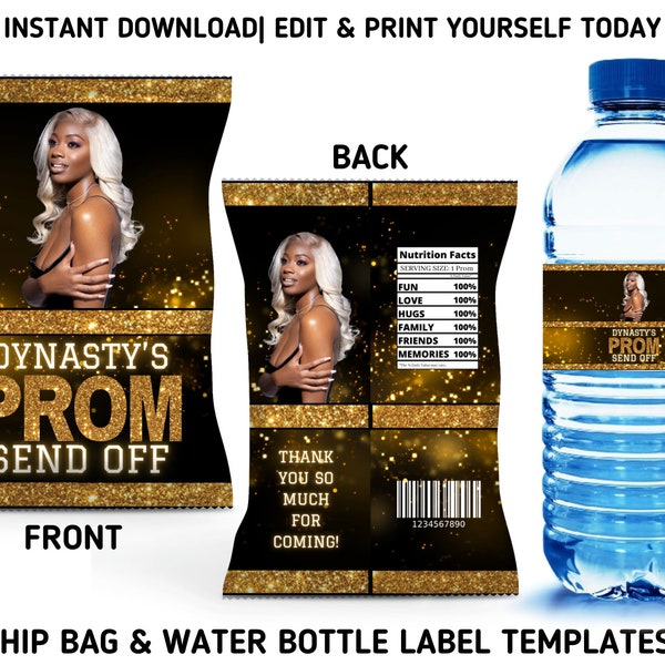 Black/Gold Prom Party Template Bundle, 2024 Prom Chip Bag & Water Bottle Labels, Printable Gold Prom Party Favors