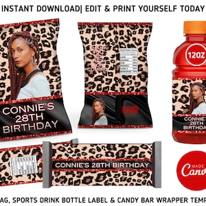 Leopard/Red Birthday Chip Bag Bundle, Leopard Print Birthday Chip, Sports Drink Bottle Labels & Candy Bar Wrapper Templates