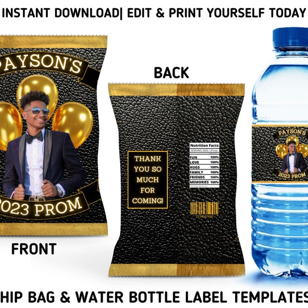 Gold And Black Leather Prom Party Template Bundle, 2023 Prom Chip Bag & Water Bottle Labels, Printable Gold Prom Party Favors