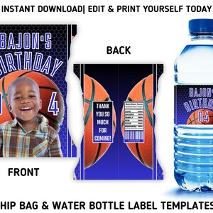 Blue Basketball Birthday Party Template Bundle, Basketball Chip Bag & Water Bottle Labels, Printable Basketball Party Favors