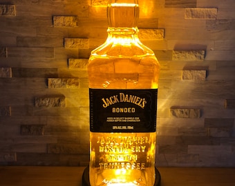JACK DANIEL’S Bonded LAMP -  Handmade Liquid Bottle Lamp w/ Charred Wood Base