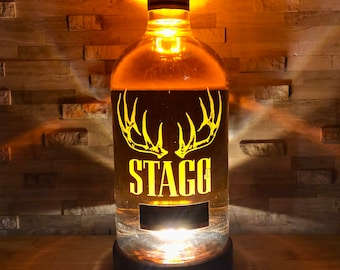 STAGG JR. LAMP - Handmade Liquid Bottle Lamp w/ Charred Wood Base