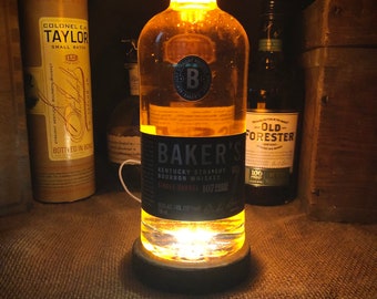 BAKER’S  Single Barrel Lamp - Handmade Liquid Bottle Lamp w/ Charred Wood Base