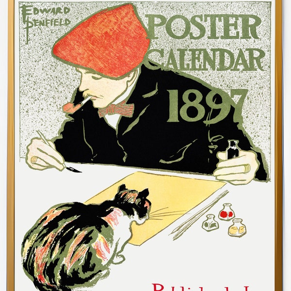 Vintage Poster Calendar | Art Nouveau | Digital Download | Wall Art | Edward Penfield | Self Portrait with Cat #MzAwNzc3OA