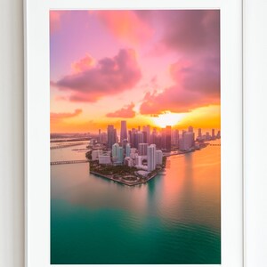 Miami Skyline at Dusk - Cityscape Artwork of Miami&#39;s Skyline with a Vibrant Sunset and Ocean in Sight