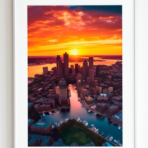 Boston Skyline with Beautiful Sunset/Sunrise - Artwork with Vibrant Sky over Boston