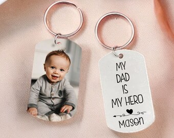 Stainless Steel Baby Photo Keychain with Engraving, Custom Picture Keychain Gift for Dad, Dad Key Ring Gift From Son