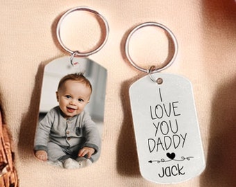 I Love You Daddy Photo Keychain with Engraving, Custom Picture Keychain Gift for Dad,Photo Keychain Gift From Son,Family Christmas Gifts