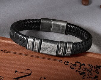 Personalized Mens Leather Bracelet, Custom Engraved Photo Bracelet for Him, Vintage Beads Bracelet, Father Birthday Gift for Him