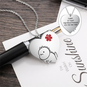 Cute Medical Alert Necklace for Kids, Heart Necklace Engraving Medical ID Tag, Custom Kids Children Emergency/ID Necklace