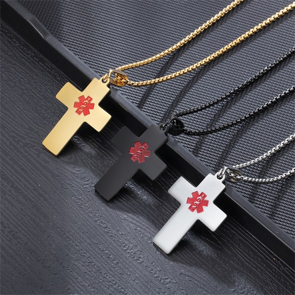 Custom Medical Alert Necklace, Stainless Steel Cross Necklace Engraving Medical ID Tag, Medical Necklace in case of Emergency