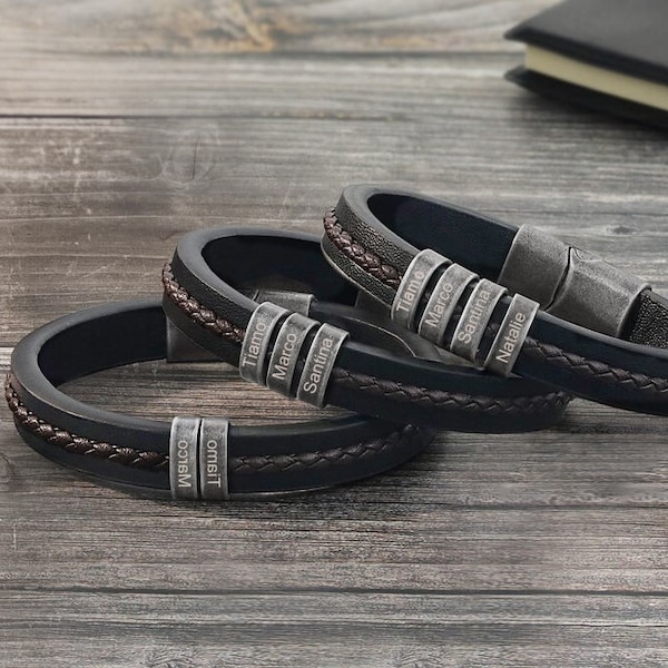 Personalisiertes Herren Lederarmband, graviertes Namensarmband für ihn, Vintage-Perlenarmband, Vater-Geburtstags-Geschenk von Tochter