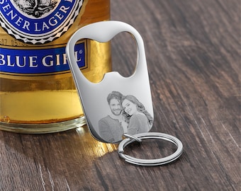 Fathers Day Gift Beer Bottle Opener Keychain With Your Choice of Wording & Option of Photo Discs, Engraved Photo Keychain