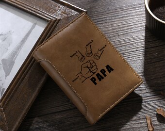 Personalized Family Name Wallet for Men, Engraved Family Name Male Leather Wallet,Fist Bump Wallet for PAPA,Gift for Dad,Father's Day Gift