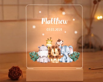 Personalized Animal Friends Night Light for Baby, Custom Name & Date Night Light for the Children's Room, Gift Ideas for Baptism