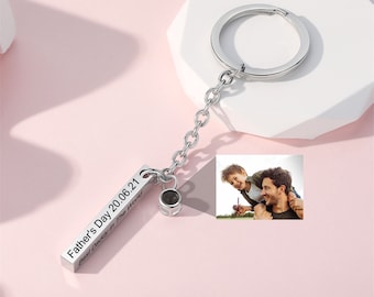 Personalized Photo Keychain with Engraving, Metal Bar Hidden Photo Keychain Gift for Dad, Custom Projection Keychain