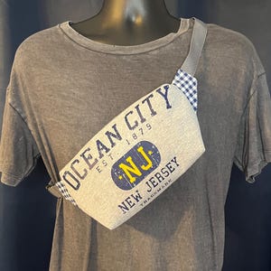 May include: A gray fanny pack with the text "OCEAN CITY EST. 1879 NEW JERSEY" and a blue and yellow NJ emblem. The strap is gray and the end is a blue and white gingham pattern.