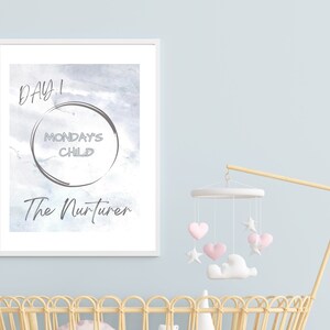 MONDAY&#39;S CHILD Personality: Printable Wall Art, Baby Astrology, Nursery Décor, Neutral Watercolor Matches Every Kid&#39;s Room, Best Baby Gift,