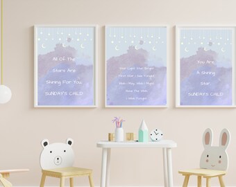Star Light, Star Bright SUNDAY&#39;S CHILD Galería imprimible Conjunto de arte de pared, Rimas infantiles, Decoración infantil, Acuarela neutra, Mejor regalo para bebés nuevos
