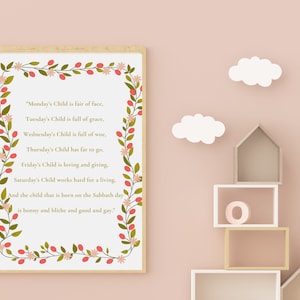 Original MONDAY’S CHILD Nursery Rhyme Printable, Nursery Wall Art, New