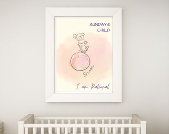 Arte de pared imprimible para NIÑOS DEL DOMINGO, nuevo regalo único para bebés, astrología para bebés, decoración de guardería, acuarela de género neutro perfecta para cada decoración